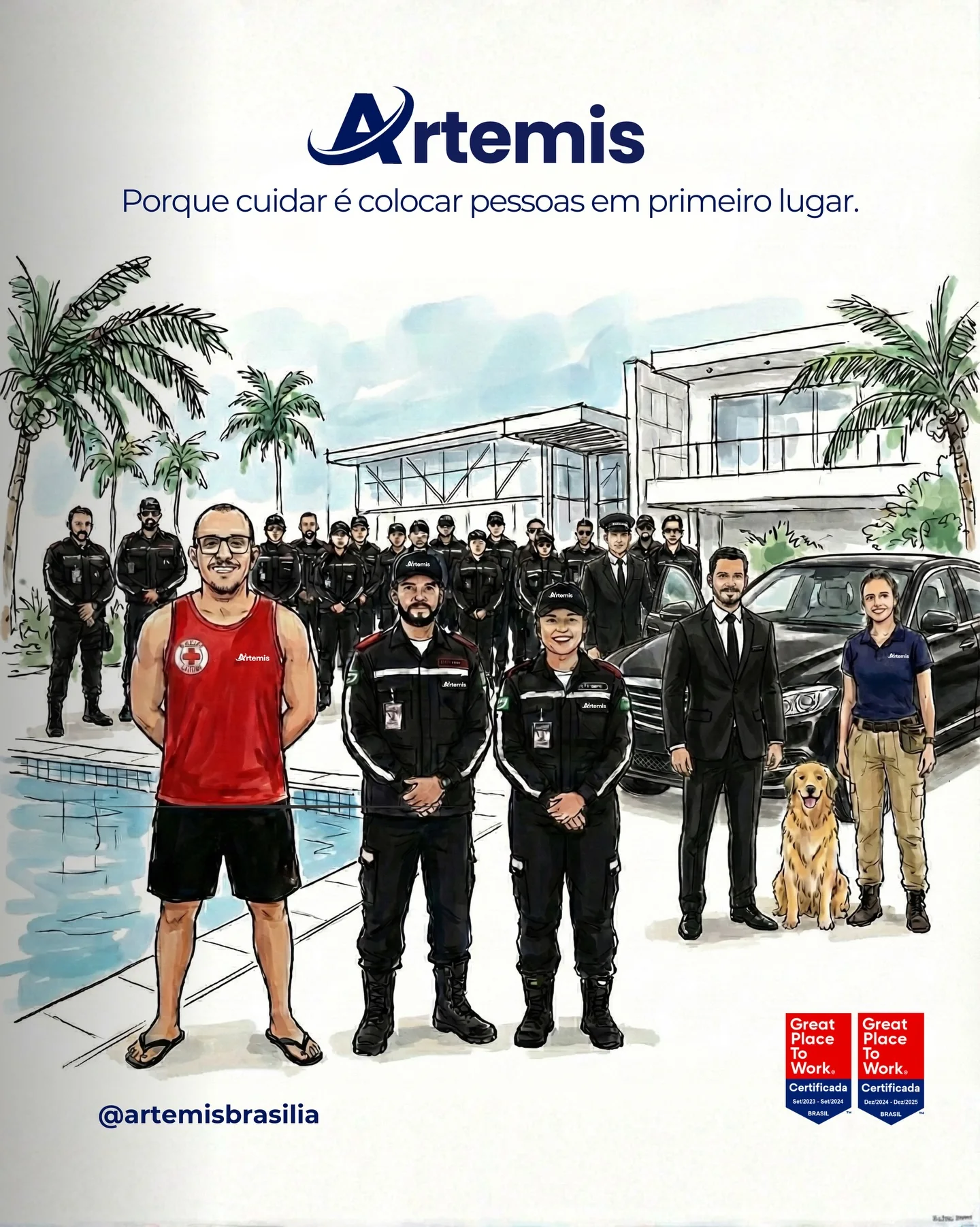 Ilustração institucional publicada pela Artemis com profissionais de diferentes serviços